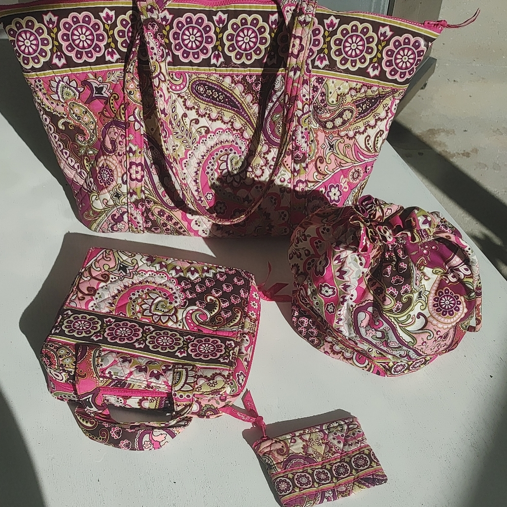 4-piece Vera Bradley Large Zip Tote, Media Storage, Card Wallet & Drawstring Bag